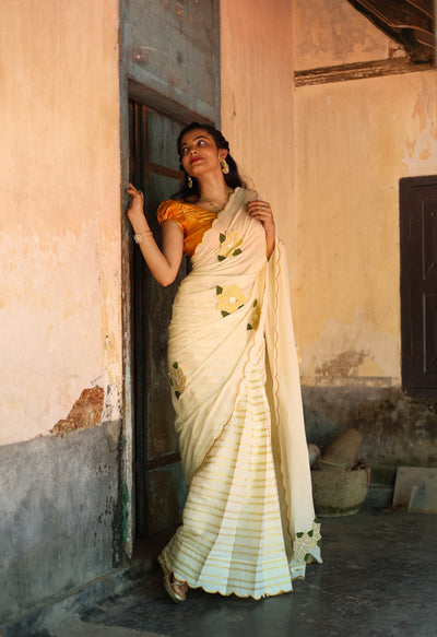 Kerala Cotton Lurex Saree & Blouse: Tissue Applique | Vishu Collection.