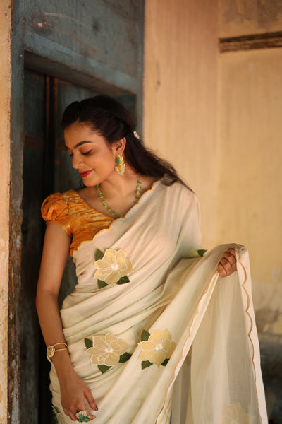 Kerala Cotton Lurex Saree & Blouse: Tissue Applique | Vishu Collection.