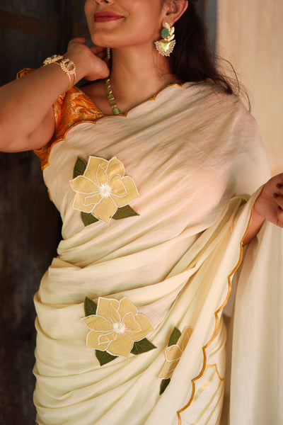 Kerala Cotton Lurex Saree & Blouse: Tissue Applique | Vishu Collection.