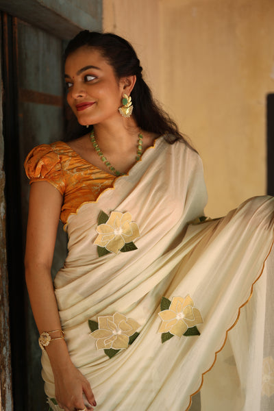 Kerala Cotton Lurex Saree & Blouse: Tissue Applique | Vishu Collection.