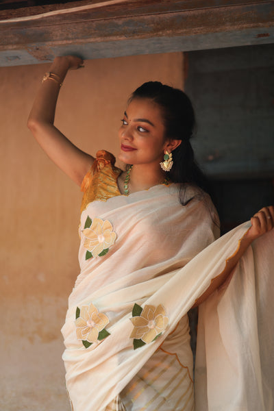 Kerala Cotton Lurex Saree & Blouse: Tissue Applique | Vishu Collection.
