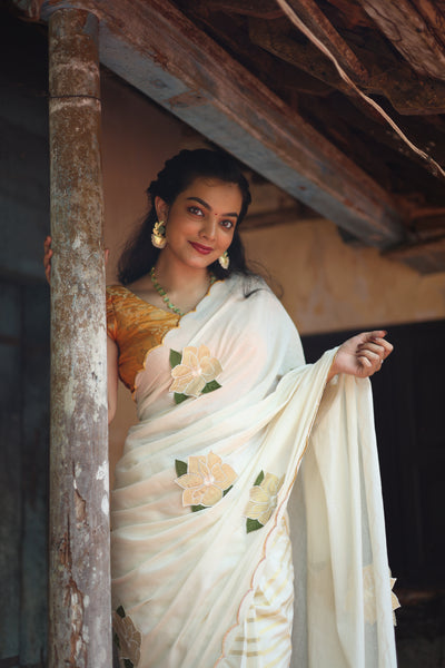 Kerala Cotton Lurex Saree & Blouse: Tissue Applique | Vishu Collection.