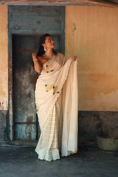 Kerala Cotton Lurex Saree & Blouse: Tissue Applique | Vishu Collection.