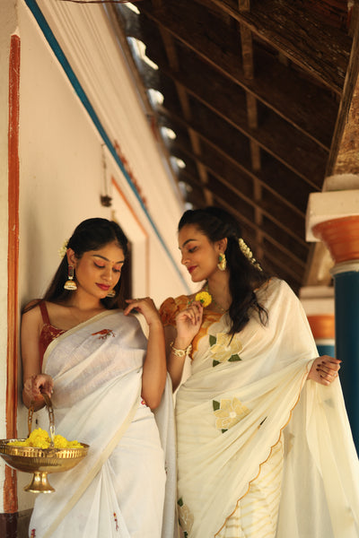 Kerala Cotton Lurex Saree & Blouse: Tissue Applique | Vishu Collection.