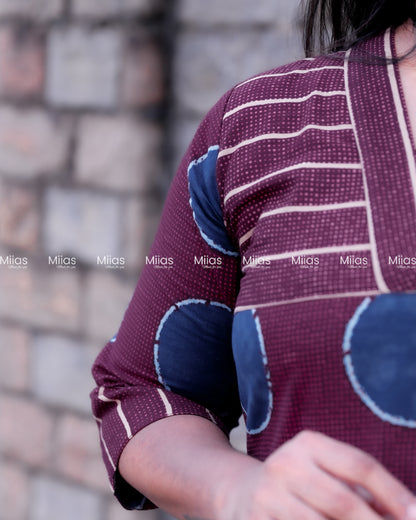 South Cotton Slit Kurti | V-Neck Border + Printed Yoke | Purple