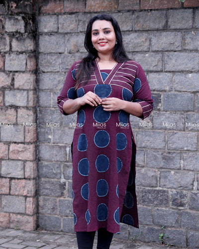 South Cotton Slit Kurti | V-Neck Border + Printed Yoke | Purple