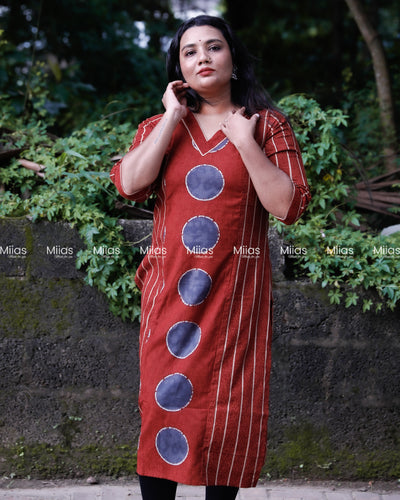 South Cotton Panel Kurti | V-Neck + Stripe & Motif Print | Brick Red