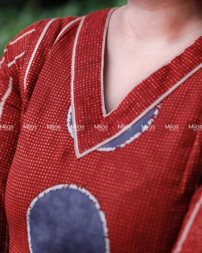 South Cotton Panel Kurti | V-Neck + Stripe & Motif Print | Brick Red