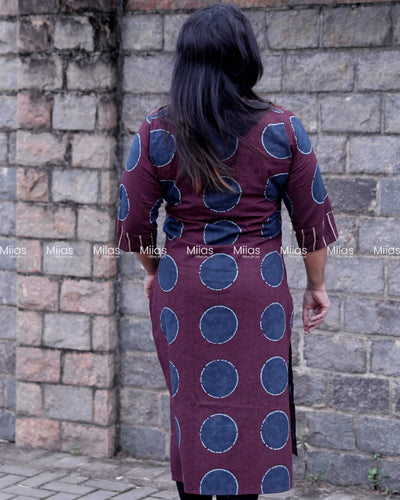 South Cotton Slit Kurti | V-Neck Border + Printed Yoke | Purple