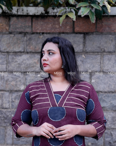 South Cotton Slit Kurti | V-Neck Border + Printed Yoke | Purple