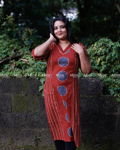 South Cotton Panel Kurti | V-Neck + Stripe & Motif Print | Brick Red