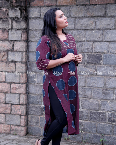 South Cotton Slit Kurti | V-Neck Border + Printed Yoke | Purple