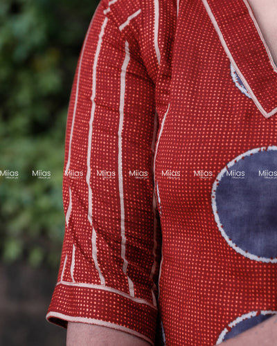 South Cotton Panel Kurti | V-Neck + Stripe & Motif Print | Brick Red