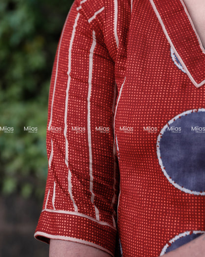 South Cotton Panel Kurti | V-Neck + Stripe & Motif Print | Brick Red