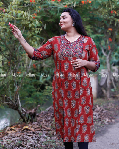Cotton Ajrakh | A-Line Kurta | Beaded Yoke Piping | Brick Red