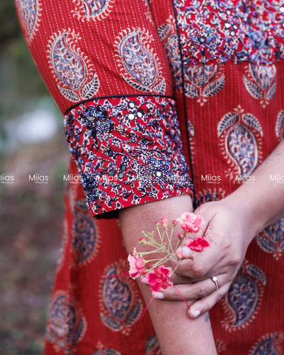 Cotton Ajrakh | A-Line Kurta | Beaded Yoke Piping | Brick Red