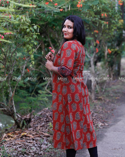 Cotton Ajrakh | A-Line Kurta | Beaded Yoke Piping | Brick Red