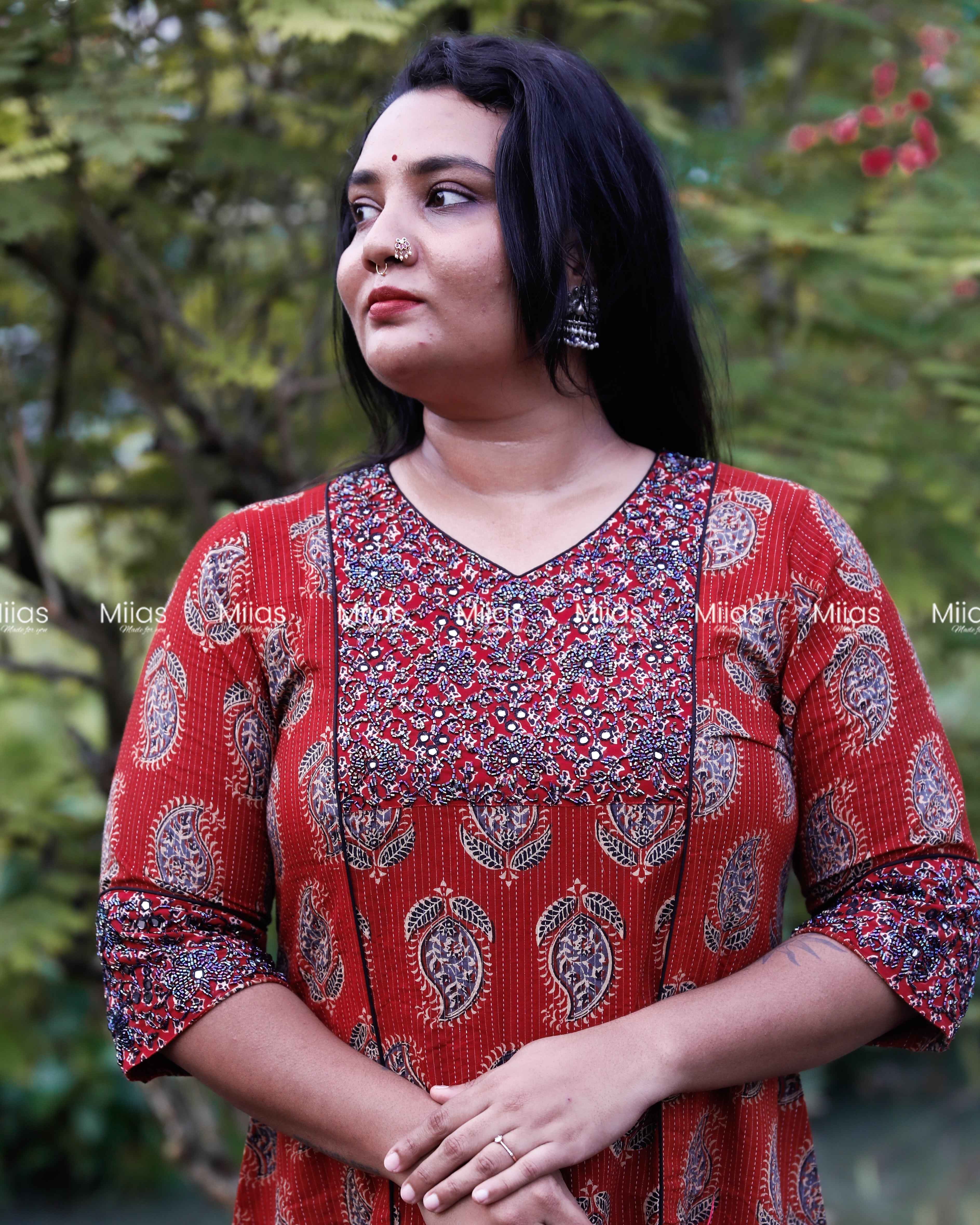 Cotton Ajrakh | A-Line Kurta | Beaded Yoke Piping | Brick Red