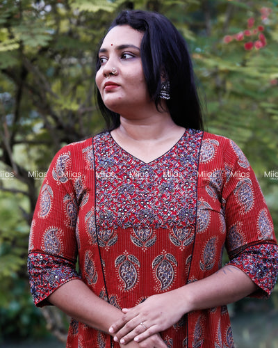 Cotton Ajrakh | A-Line Kurta | Beaded Yoke Piping | Brick Red
