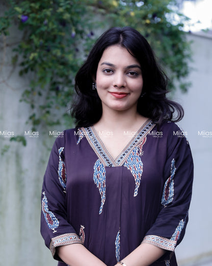 Modal Silk A-Line Dress Kurti | V-Neck + Mirror Border | Black