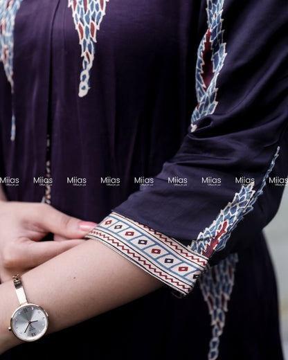 Modal Silk A-Line Dress Kurti | V-Neck + Mirror Border | Black