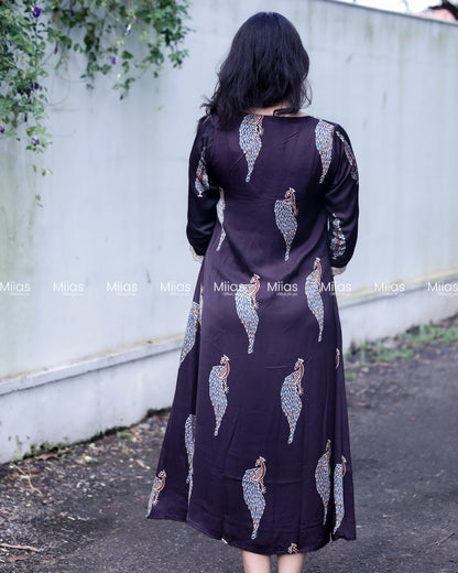 Modal Silk A-Line Dress Kurti | V-Neck + Mirror Border | Black
