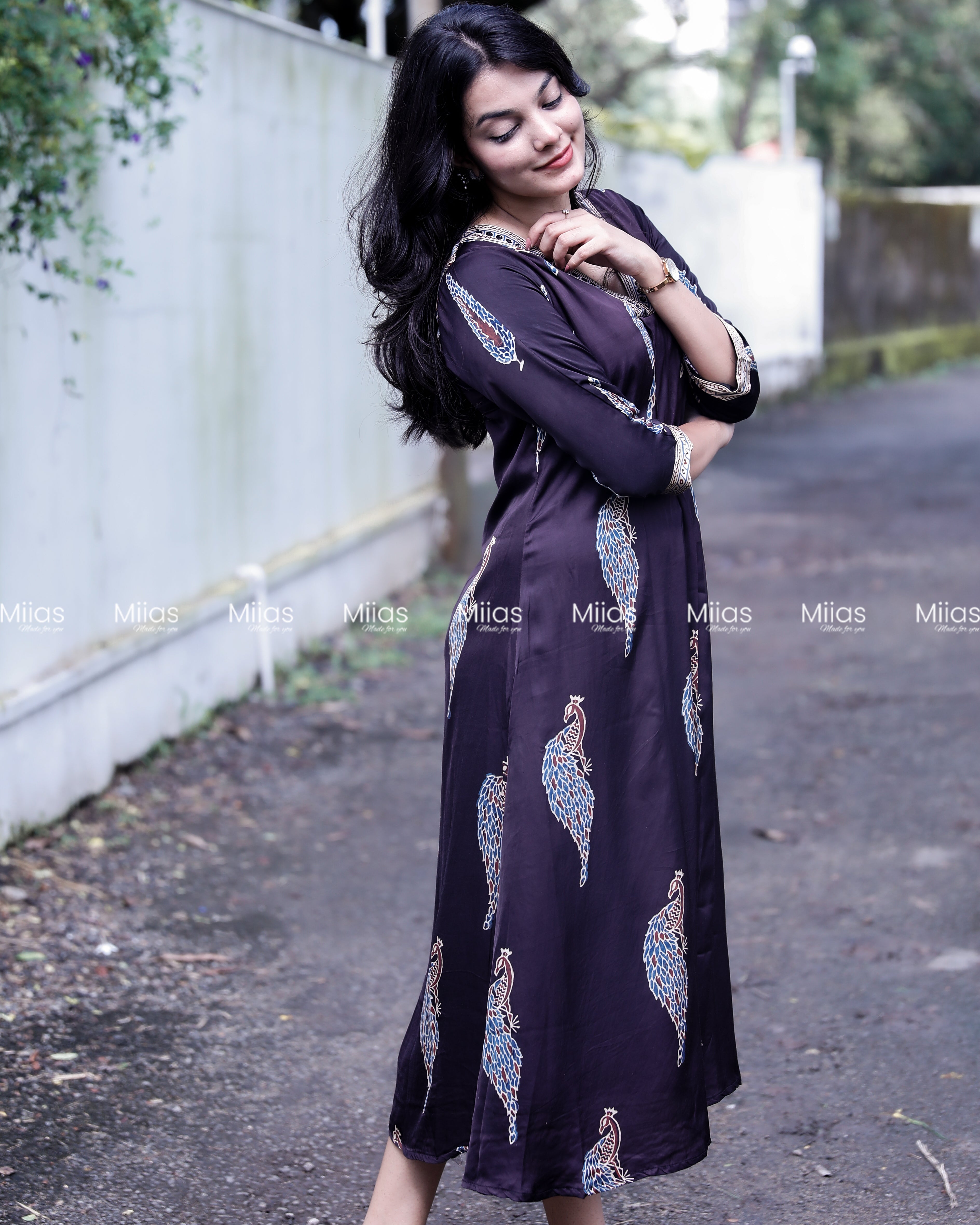 Modal Silk A-Line Dress Kurti | V-Neck + Mirror Border | Black