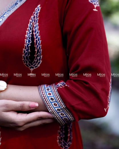 Modal Silk A-Line Dress Kurti | V-Neck + Mirror Border | Red