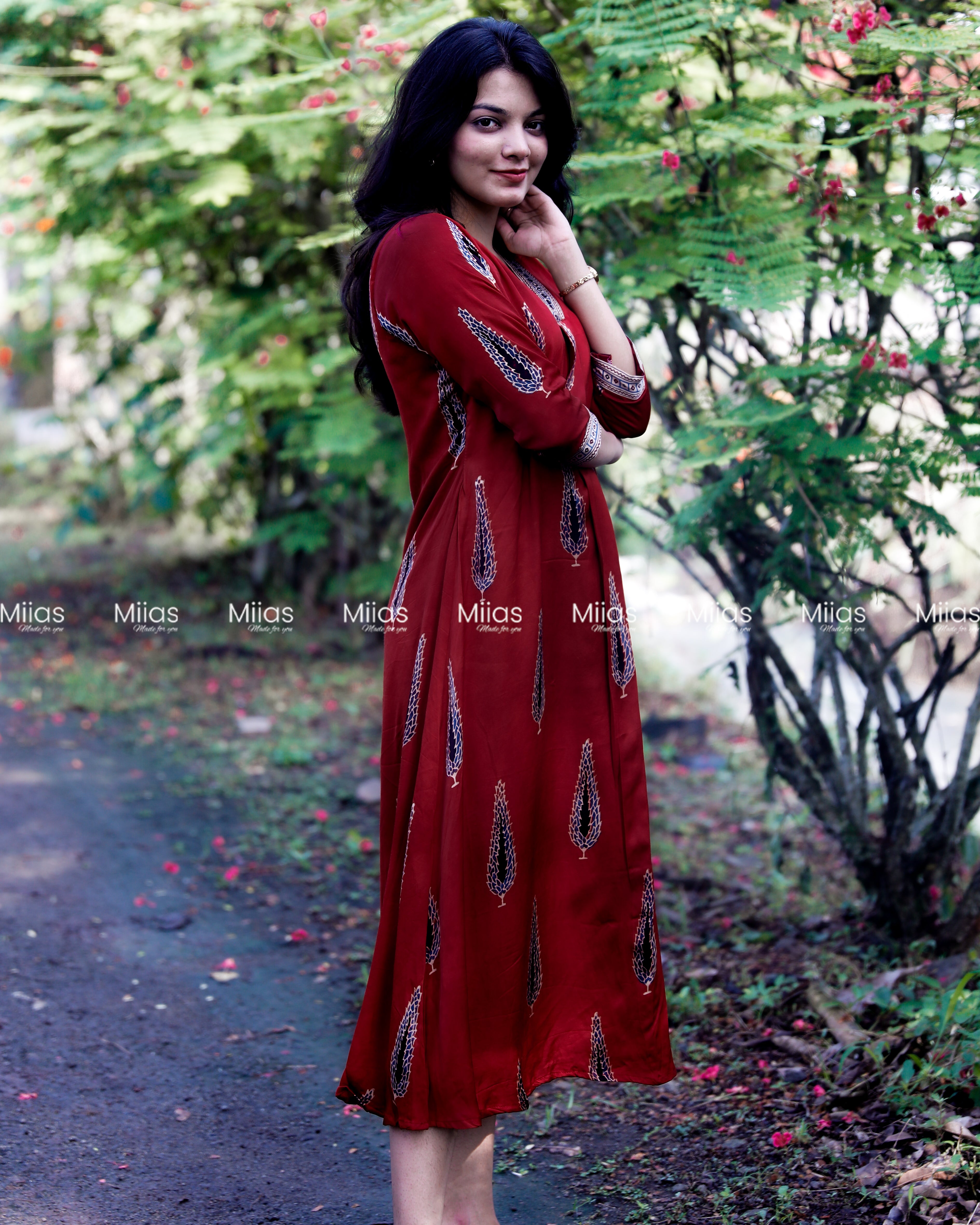 Modal Silk A-Line Dress Kurti | V-Neck + Mirror Border | Red