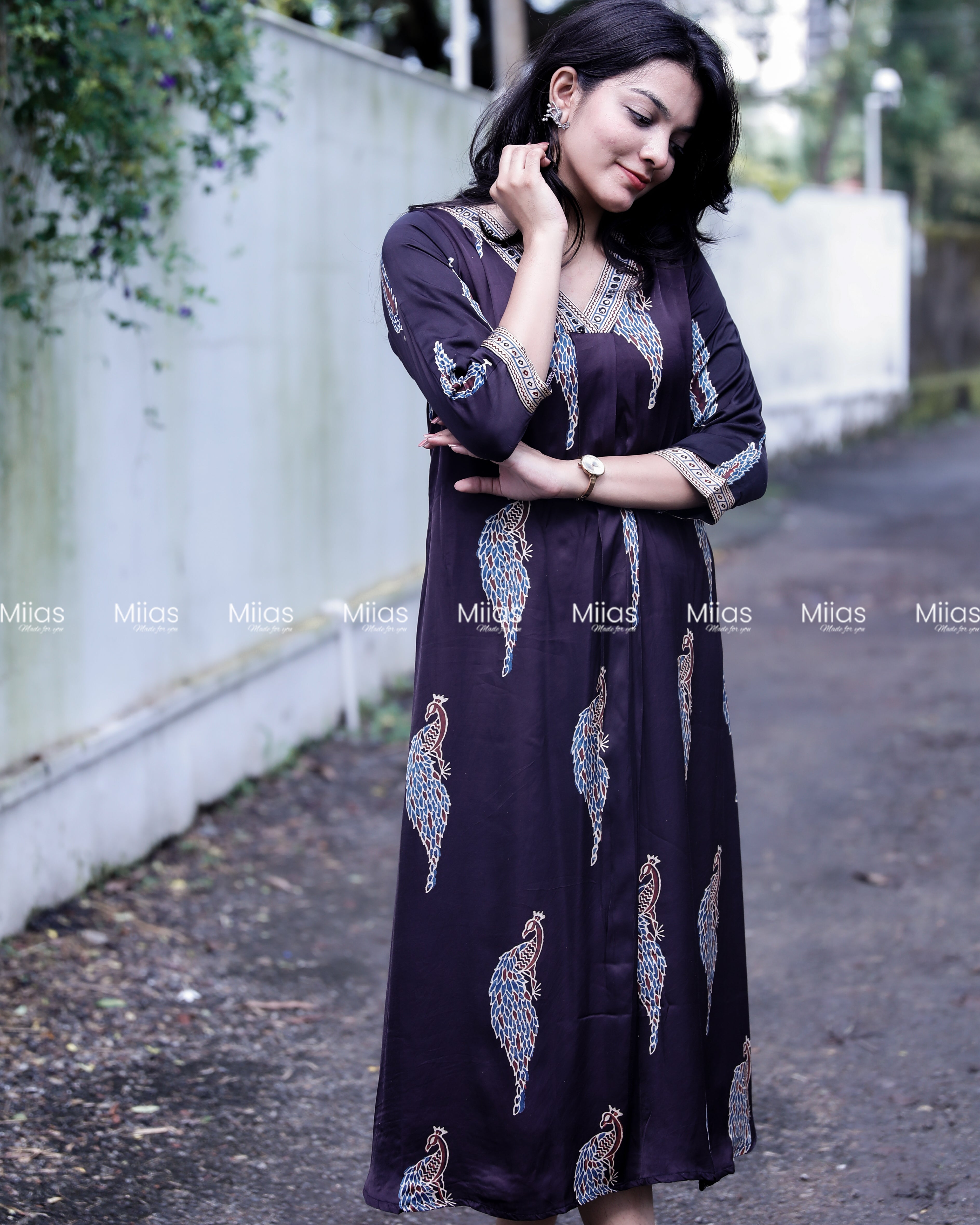 Modal Silk A-Line Dress Kurti | V-Neck + Mirror Border | Black