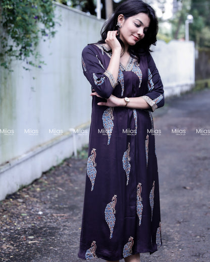 Modal Silk A-Line Dress Kurti | V-Neck + Mirror Border | Black
