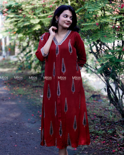 Modal Silk A-Line Dress Kurti | V-Neck + Mirror Border | Red