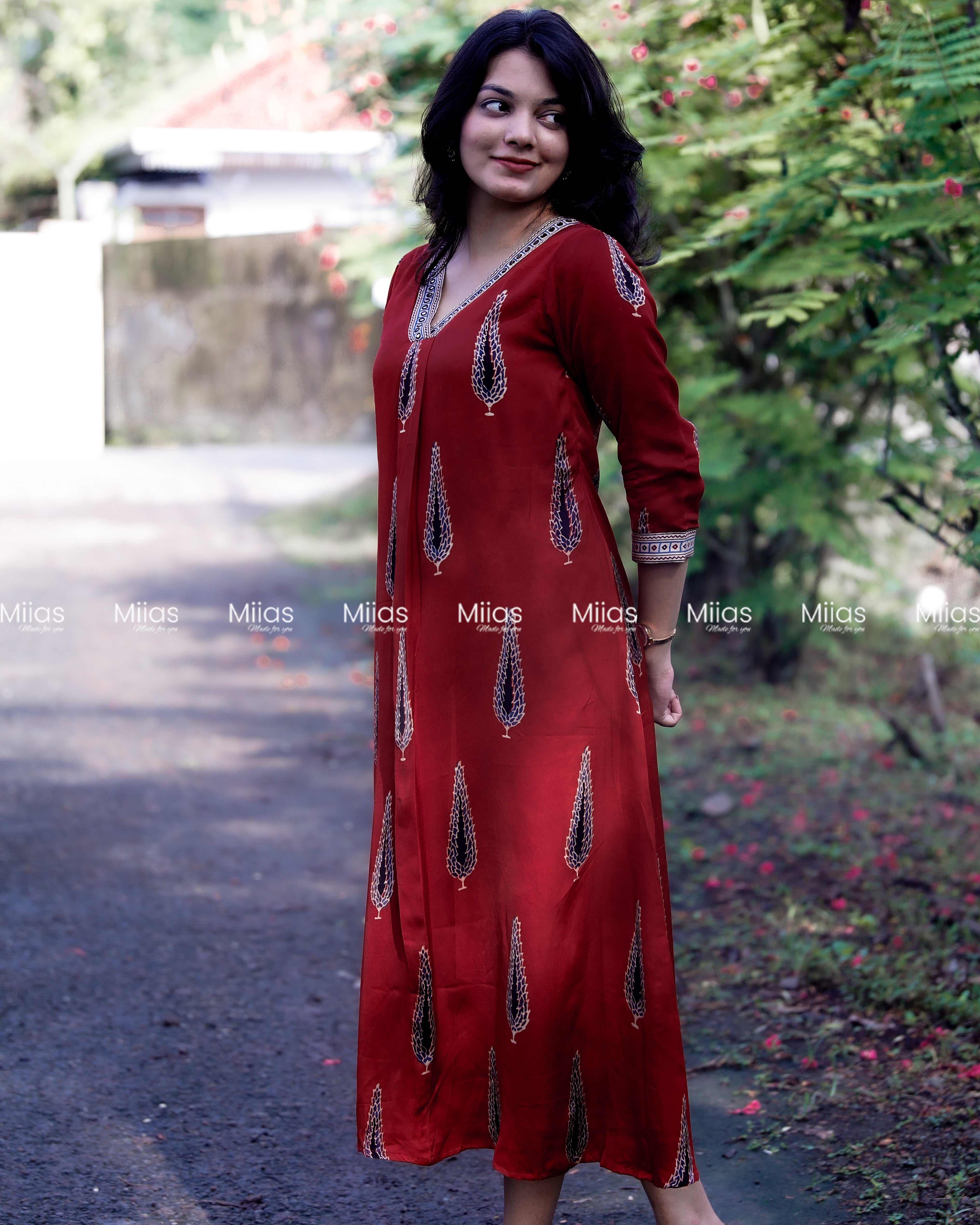 Modal Silk A-Line Dress Kurti | V-Neck + Mirror Border | Red