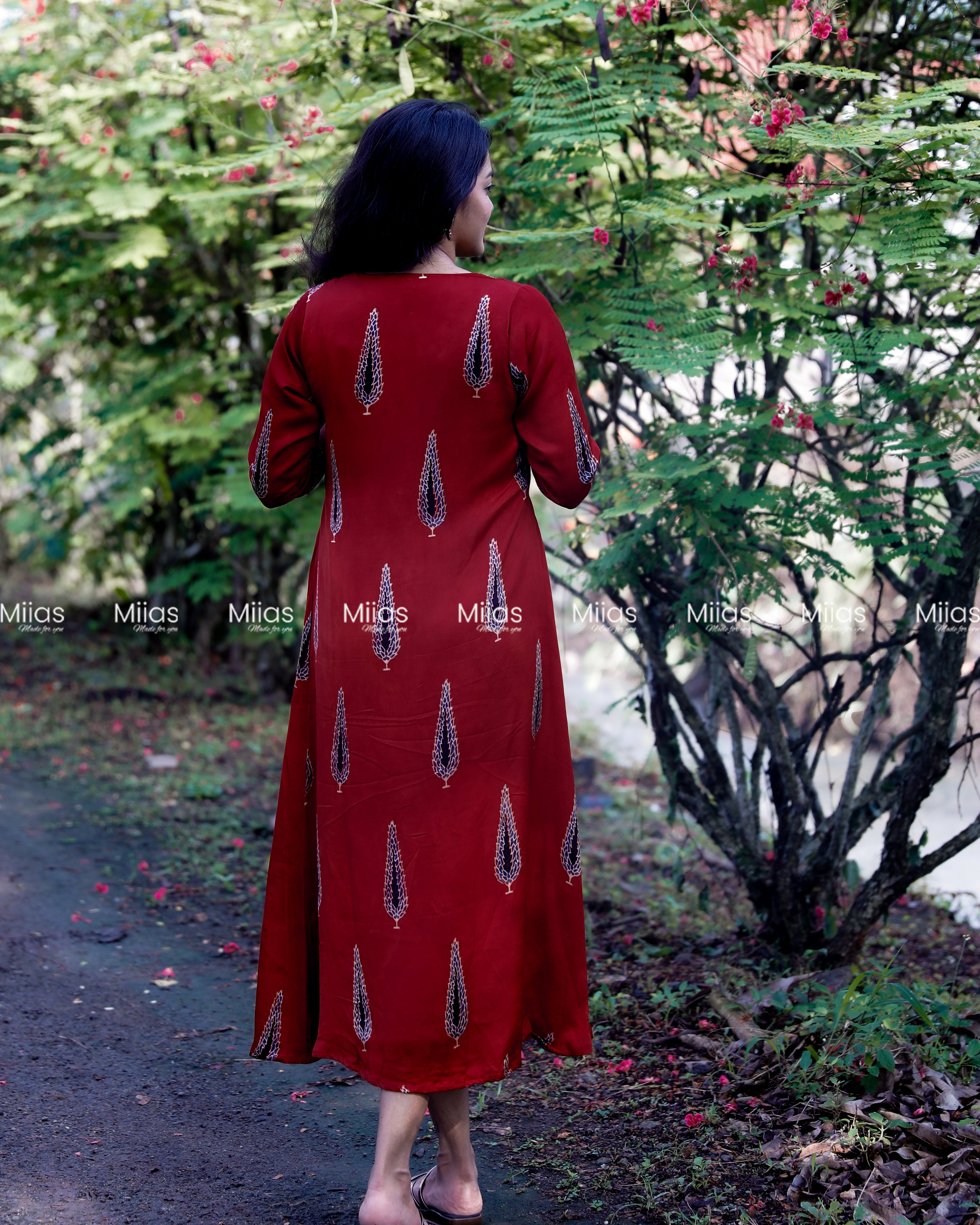 Modal Silk A-Line Dress Kurti | V-Neck + Mirror Border | Red
