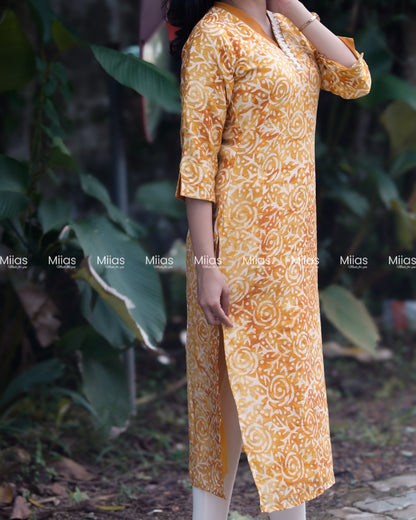 Chanderi Silk Slitted kurti | Beaded V-Neck | Yellow