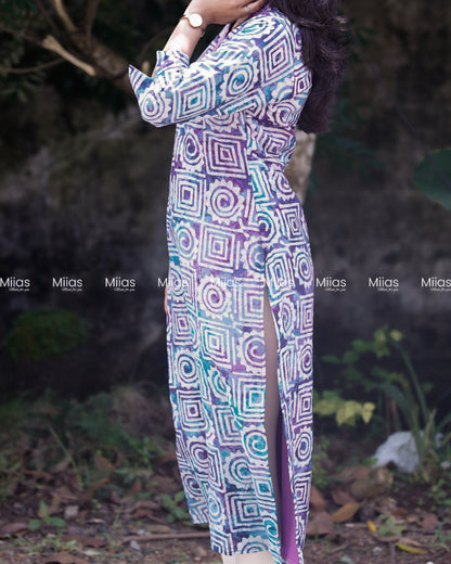 Chanderi Silk Slitted kurti | Beaded V-Neck | Blue with Purple