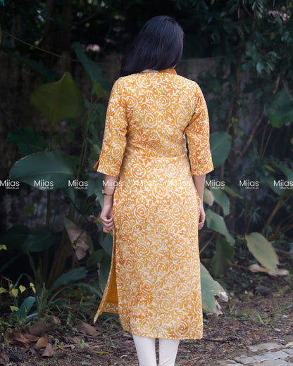 Chanderi Silk Slitted kurti | Beaded V-Neck | Yellow