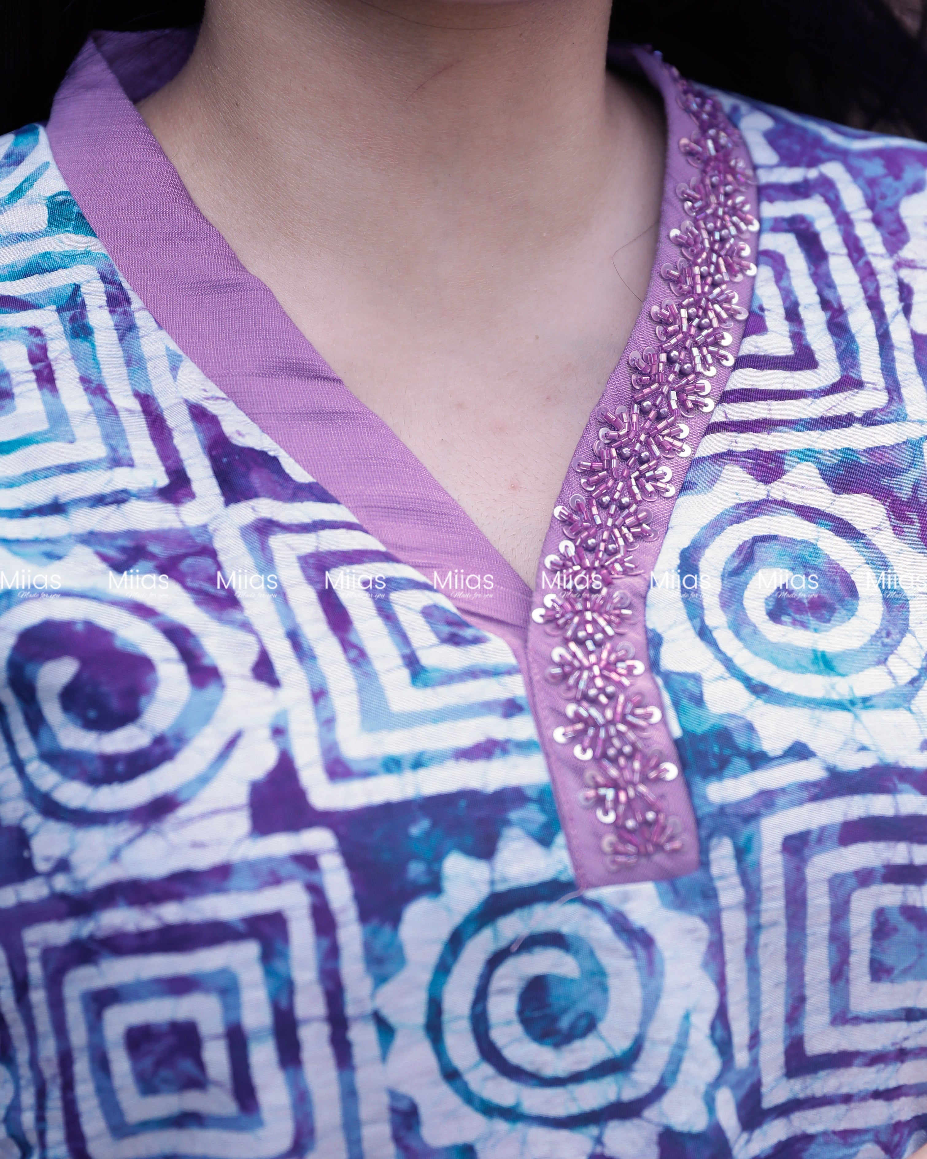 Chanderi Silk Slitted kurti | Beaded V-Neck | Blue with Purple