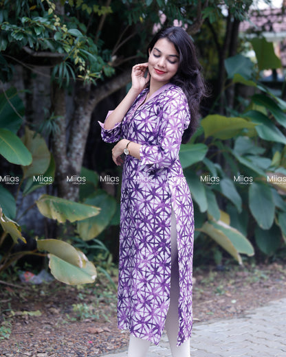 Chanderi Silk Slitted kurti | Beaded V-Neck | Purple