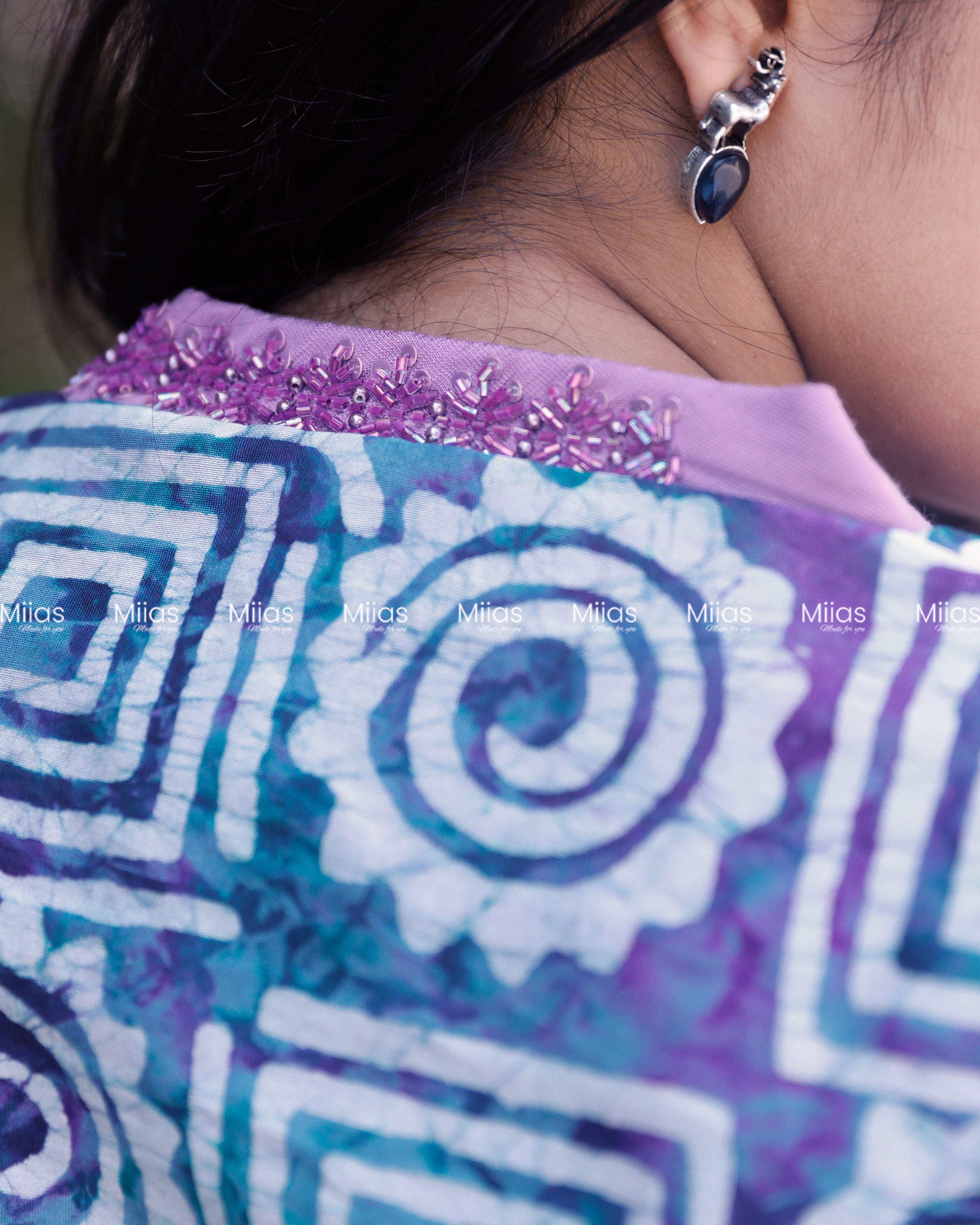 Chanderi Silk Slitted kurti | Beaded V-Neck | Blue with Purple
