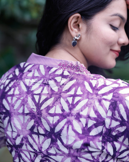 Chanderi Silk Slitted kurti | Beaded V-Neck | Purple