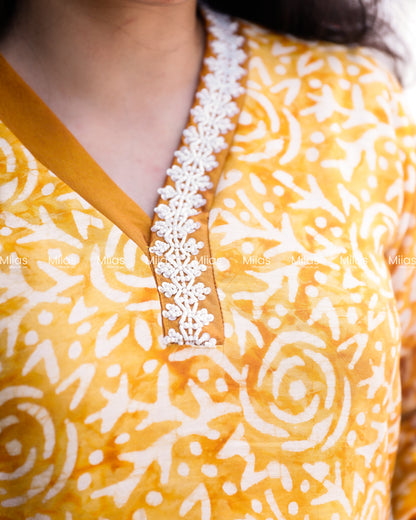 Chanderi Silk Slitted kurti | Beaded V-Neck | Yellow