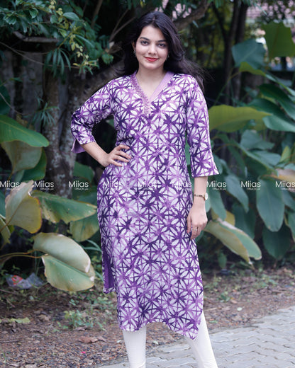 Chanderi Silk Slitted kurti | Beaded V-Neck | Purple
