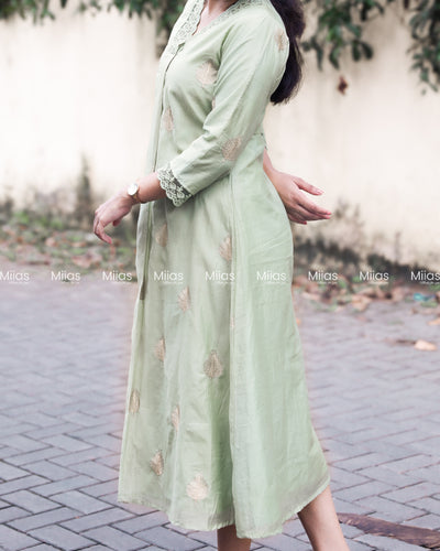 Mul Chanderi Dress Kurti | Zari V-Neck + Lace + A-Line | Pastel Green