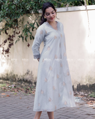 Mul Chanderi Dress Kurti | Zari V-Neck + Lace + A-Line | Pastel Blue