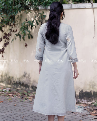 Mul Chanderi Dress Kurti | Zari V-Neck + Lace + A-Line | Pastel Blue