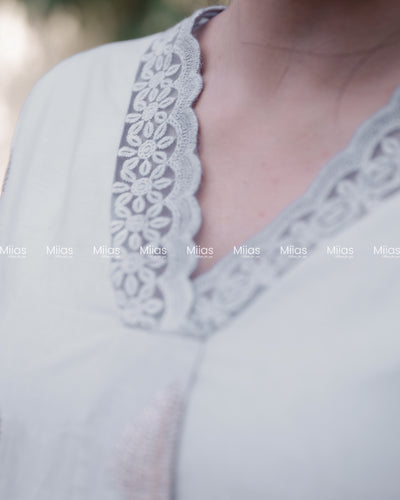 Mul Chanderi Dress Kurti | Zari V-Neck + Lace + A-Line | Pastel Blue