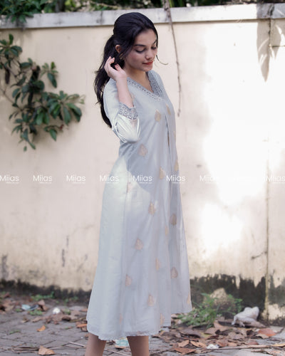 Mul Chanderi Dress Kurti | Zari V-Neck + Lace + A-Line | Pastel Blue