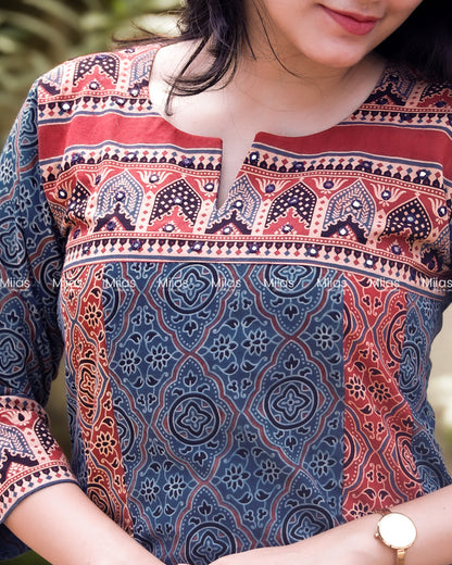 Ajrakh 5-Panel Dress Kurti | Mirror Yoke | Blue