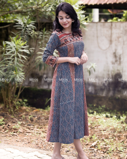Ajrakh 5-Panel Dress Kurti | Mirror Yoke | Blue